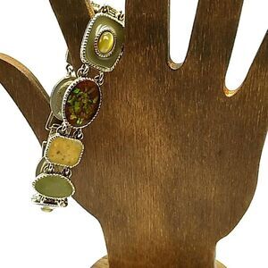 Vintage Acrylic Fall Colored Cabochon Metal Track Link Bracelet Silver-tone